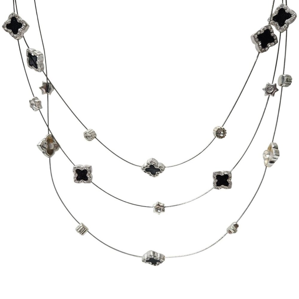 Elegant Black and Crystal Multi Strand Necklace Statement Fashion Jewelry Women
